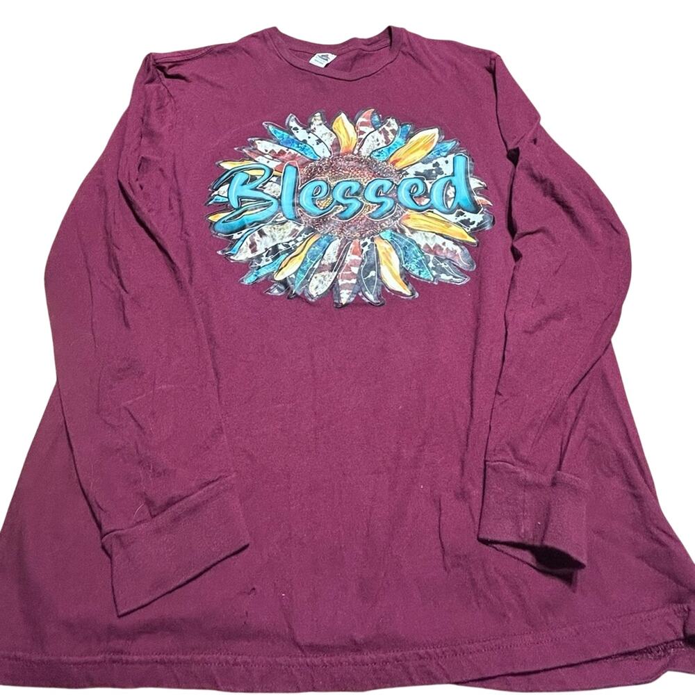 Smart Blanks Maroon Long Sleeve 'Blessed' Sunflower Graphic t-shirt  size Medium